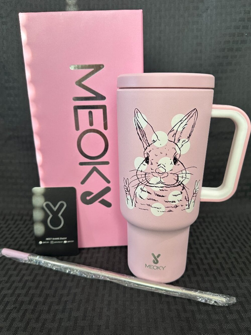 MEOKY 40 oz Pink Bunny Tumbler with Handle, Lid & Straw NWT